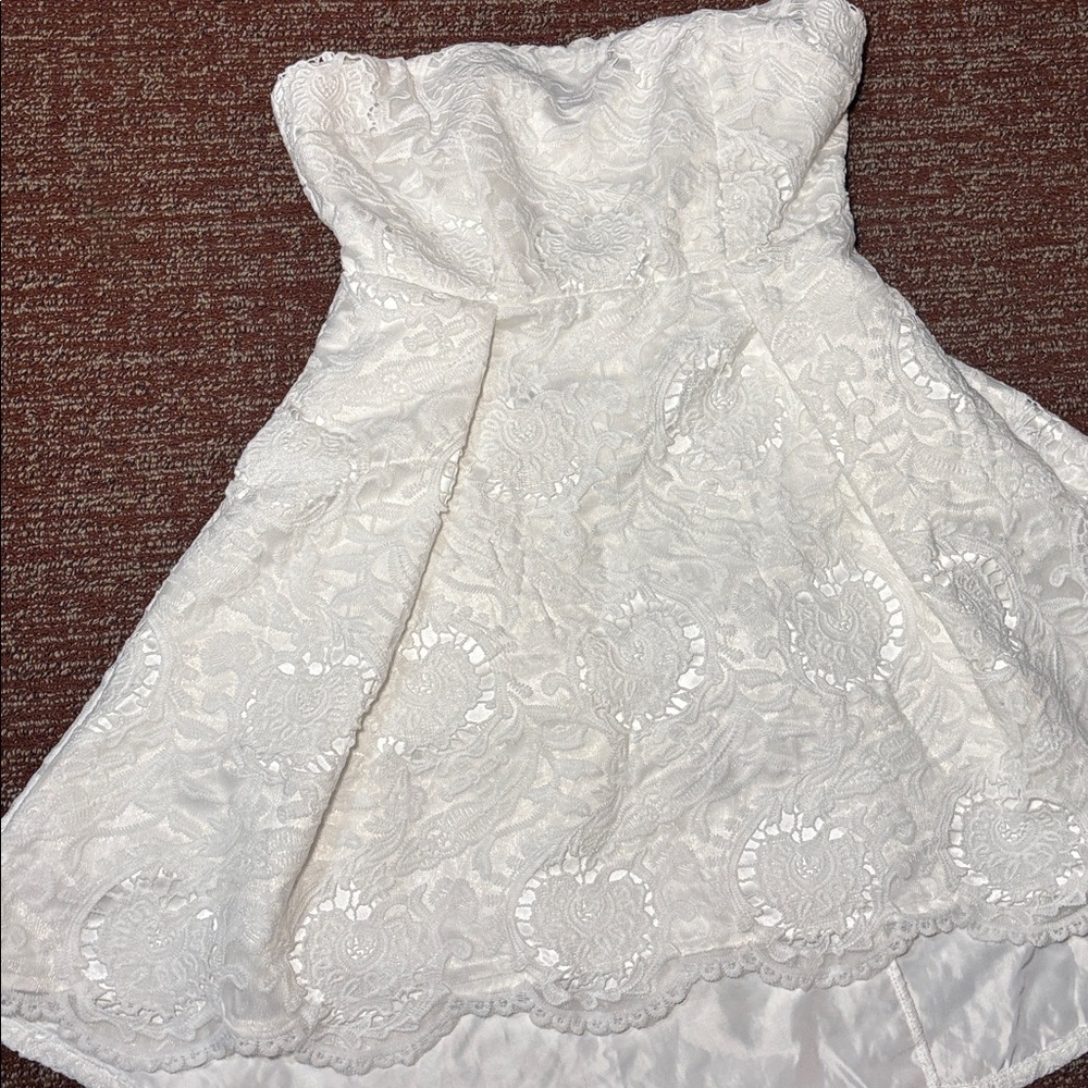 Strapless white eyelet lace circle mini dress reception/rehearsal dinner dress